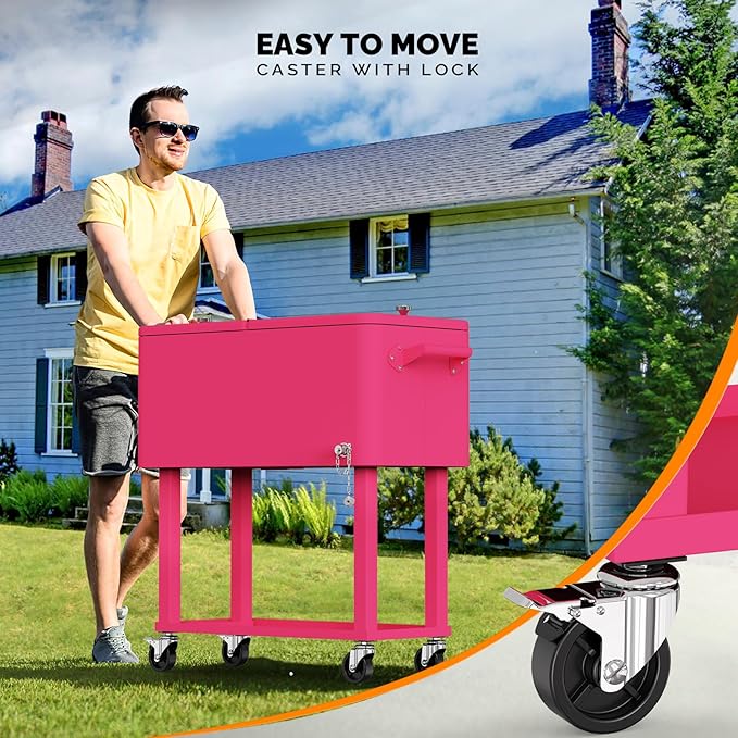 VINGLI 80 Quart Rolling Ice Chest, Portable Patio Party Bar Drink Cooler Cart, with Shelf, Beverage Pool with Bottle Opener
