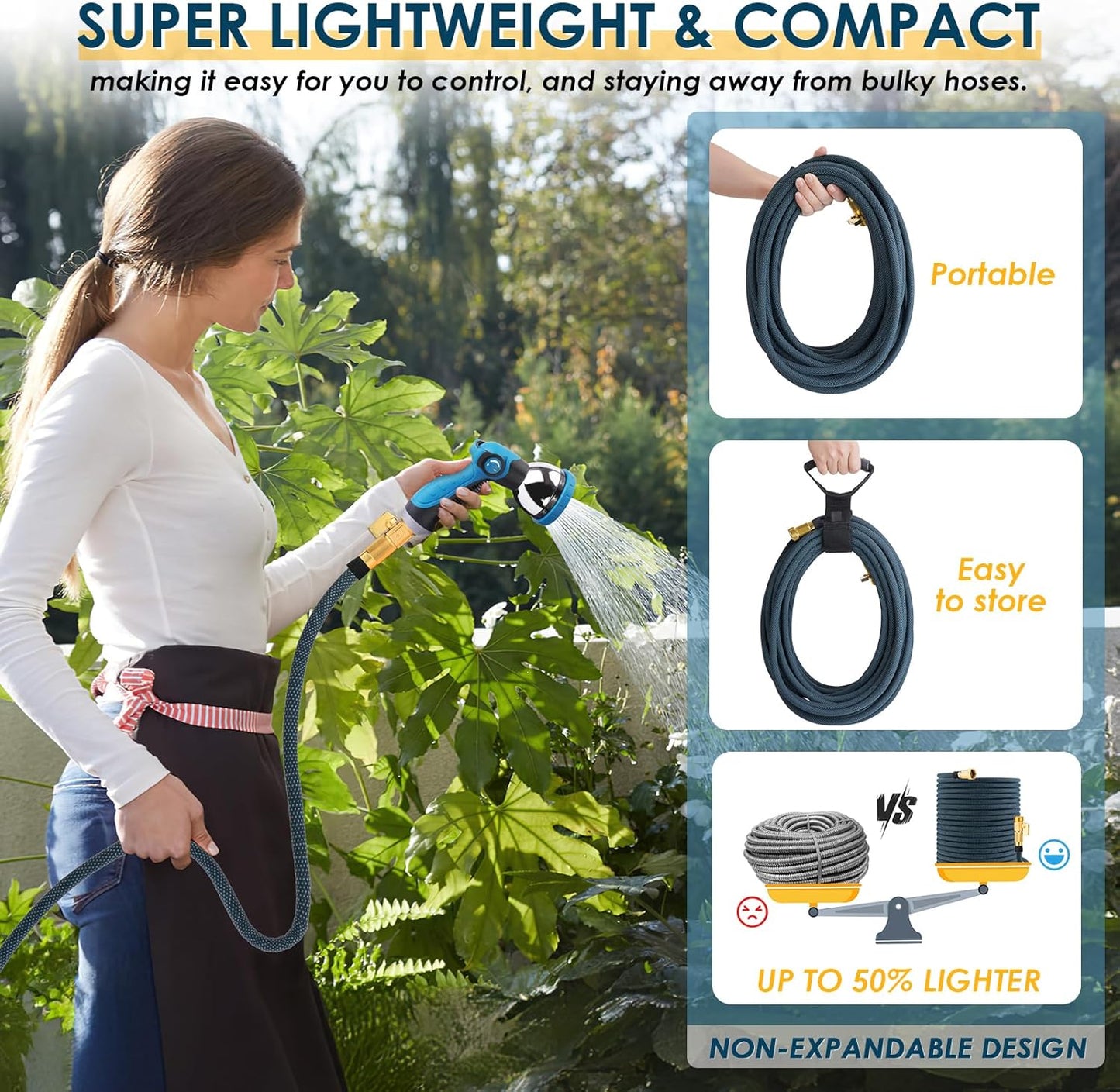 Non-Expanding Garden Hose 50 ft, Flexible Water Hose with 10 Function Spray Nozzle, Lightweight Hose Pipe, Leak-Proof, Durable, Kink-Resistant, 3/4 Inch Connector, Portable Storage Strap