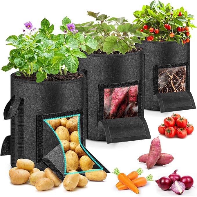 MJZ 3 Pack 15 Gallon Potato Grow Bags with Harvest Observation Windows, 380G Thickened Potato Bags for Growing Potatoes, Heavy Duty Nonwoven Fabric Garden Growing Containers to Grow Vegetable Tomatoes