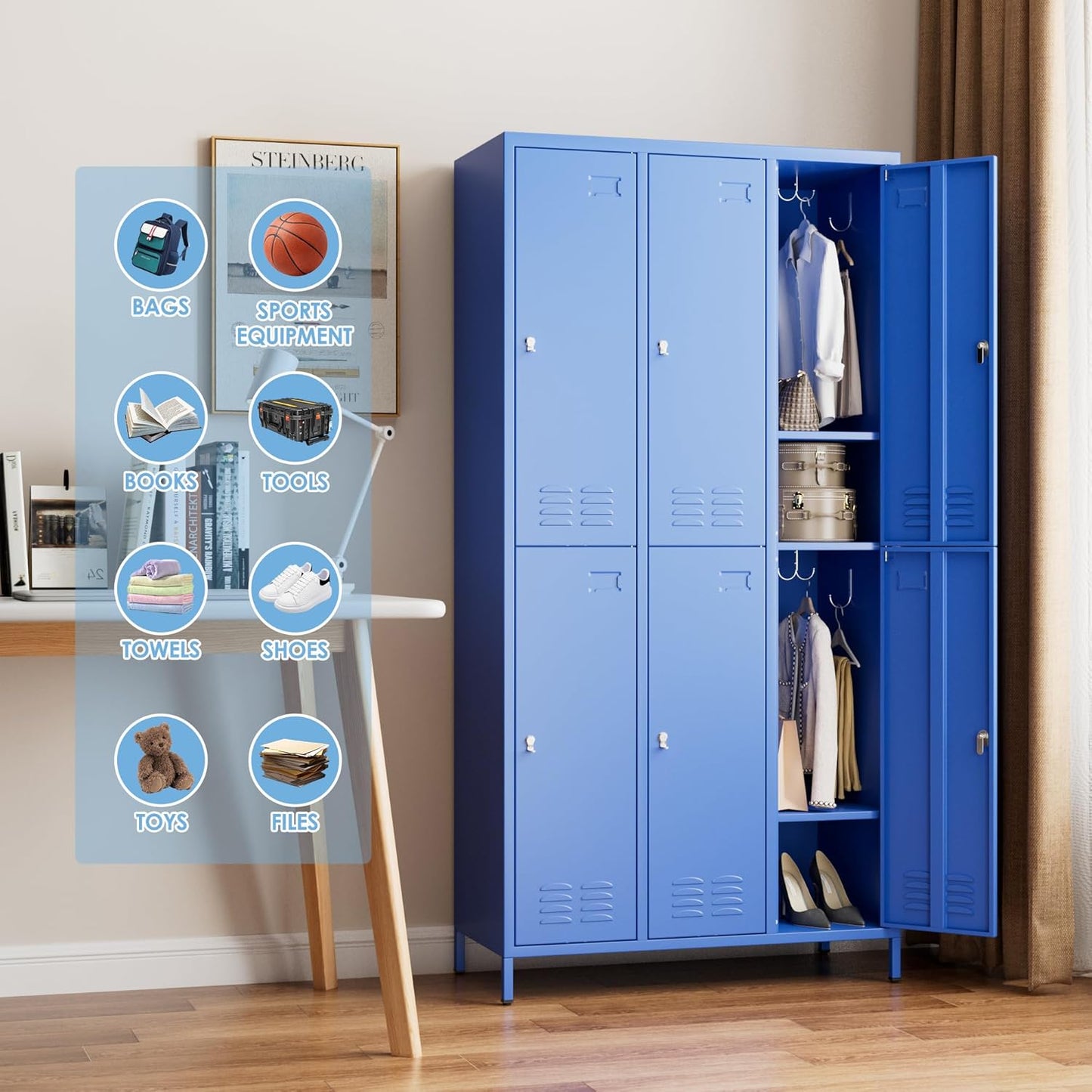 6 Doors Metal Locker for Employees with 18 Hooks and Business Card Holder,Metal Locker with Ventilation Holes for School Garage Office Gym Home,Assembly Required,Blue