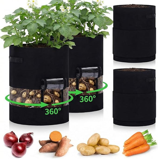 Baderke 4 Pack Visible Potato Grow Bags with Harvest Window, 360 Visibility Plant Grow Bags with Handles for Planting Potatoes, Tomatoes and Vegetables (30 Gallon,Black)