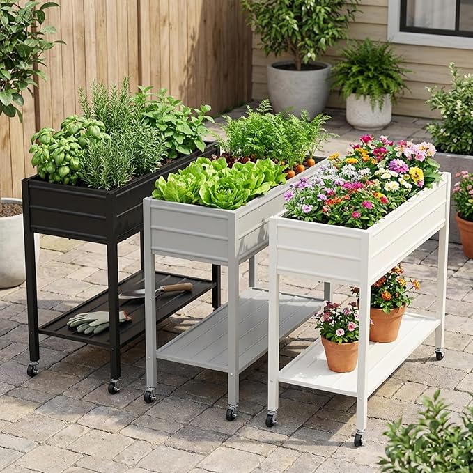 ZORMY 32" Tall Galvanized Raised Garden Bed with Legs Wheels & Shelf, Elevated Planter Box Outdoor for Vegetables, Herbs & Flowers, Patio & Backyard, Garden Bed with 400lb Capacity，White