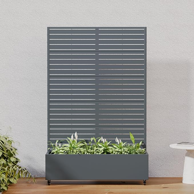 Casaphoria Metal Raised Garden Bed with Trellis and Wheels, 72"x47"x16" Planter Box for Climbing Plants, Vegetables & Vines, Features Drainage Holes and Privacy Screen, Drakgrey-Louvered