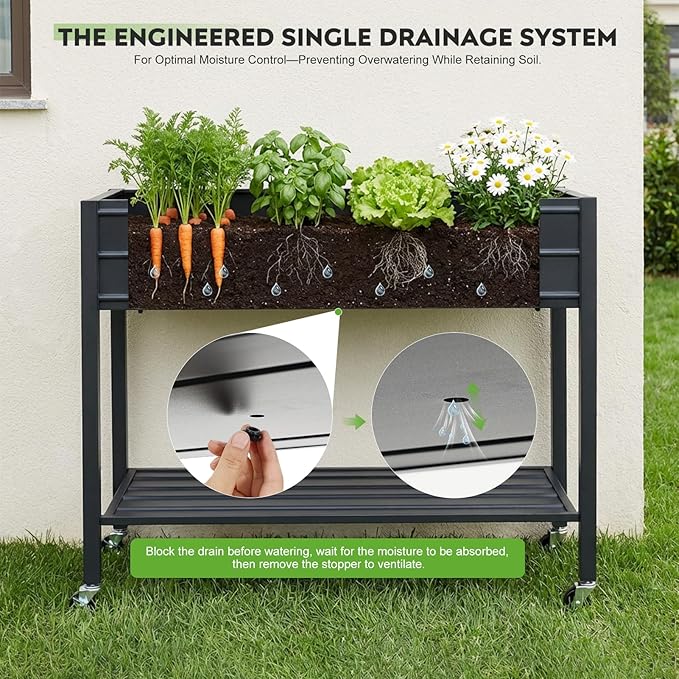 ZORMY 32" Tall Galvanized Raised Garden Bed with Legs Wheels & Shelf, Elevated Planter Box Outdoor for Vegetables, Herbs & Flowers, Patio & Backyard, Garden Bed with 400lb Capacity，Black