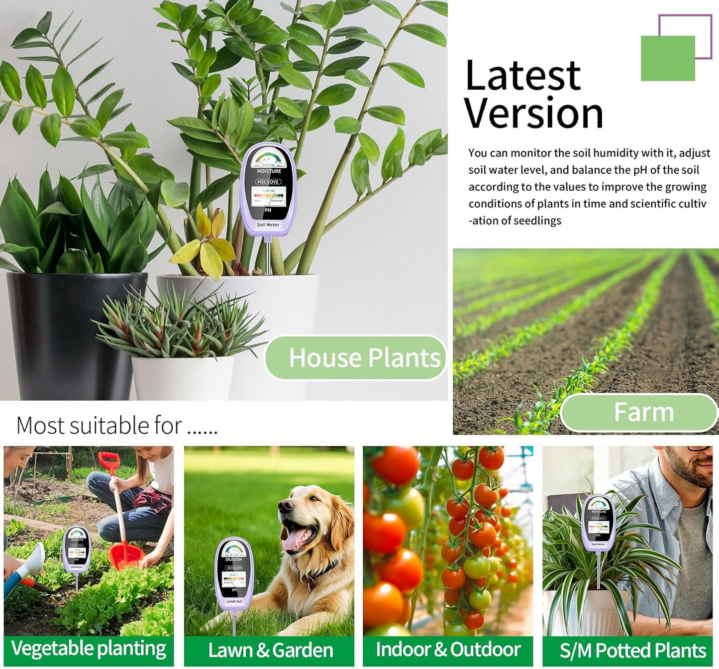 HSLGOVE Soil Test Kit, 2-in-1 Soil Moisture Meter/Soil PH Meter, Dual Screen Soil Tester, Soil Moisture Meter for Plants Watering/Gardening for Lawn,Farm Indoor&Outdoor Use-AgatePurple