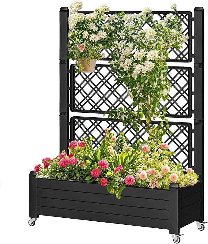 DWVO 3.6 x 1.5 x 5 FT Raised Garden Bed with Trellis, Large Outdoor Planter Trellis Box with Drainage Holes and Wheels for Climbing Plants, Black
