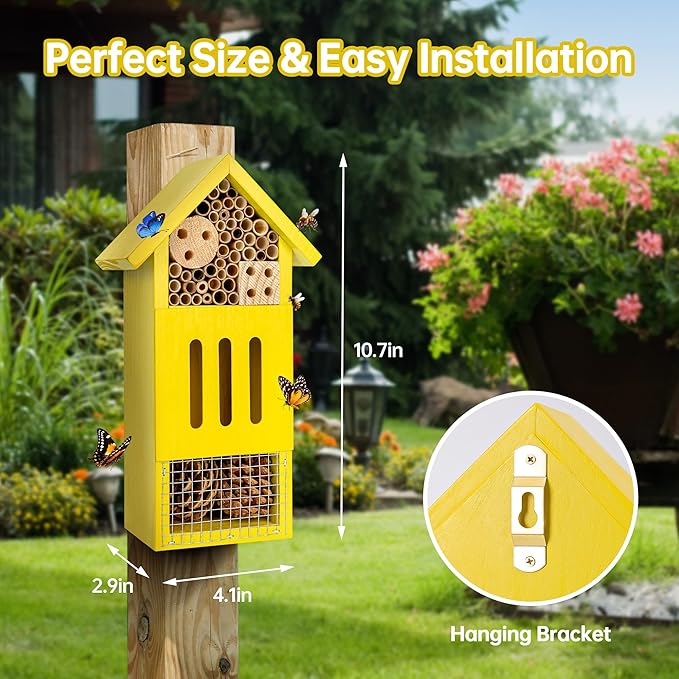 Bee House Bug Hotel & Butterfly House, Handcrafted Wooden Ladybug House, Natural Insect Habitat for Garden, Patio, or Yard, Durable Pine Wood, Attracts Pollinators, 10.4 x 5.5 x 3.2 Inches