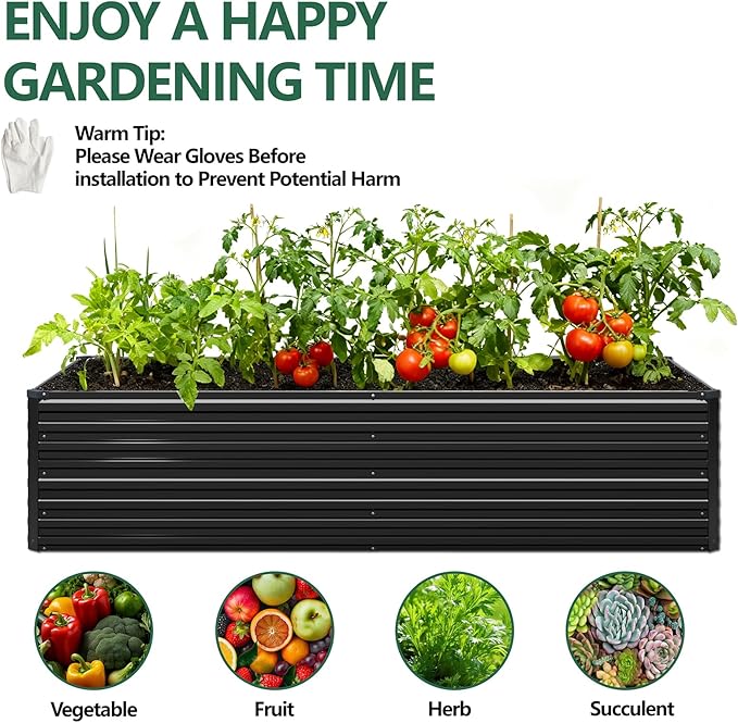 Vengarus 12x2x2FT Galvanized Raised Garden Bed Kit, Large Rectangle Elevated Planter for Vegetables, Flowers, Herbs and Succulents - 359 Gallon Capacity,Black