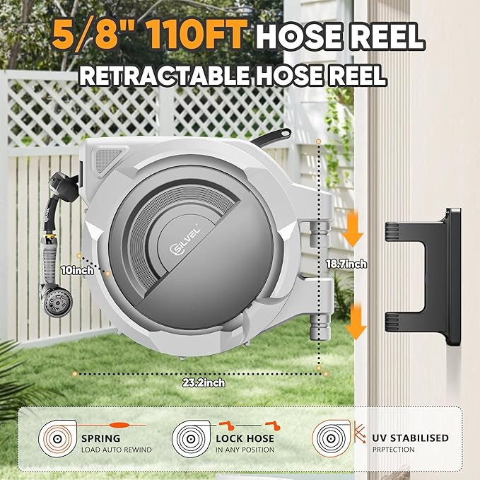 Retractable Garden Hose Reel, 5/8 in x 110FT Heavy Duty Auto Hose Reel Wall Mounted, Upgraded UV Resistant with 10 Pattern Nozzle, Any Length Lock & Slow Return System, 180°Swivel Bracket, Light Grey