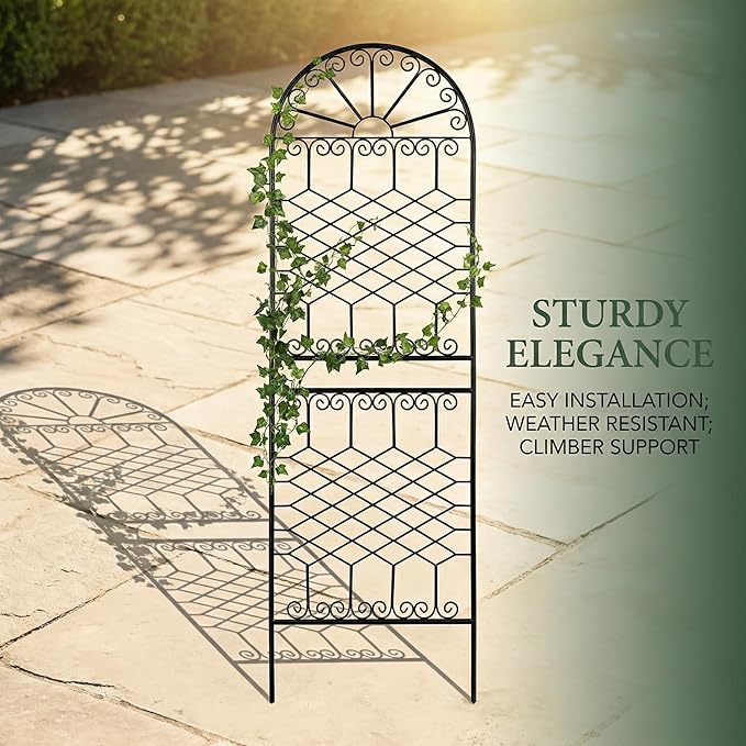 SCENDOR 82.7" H x 26.7" W Extra-Tall Decorative Metal Garden Trellis, Rustproof Iron Arched Trellis with Scrollwork for Large Climbing Plants, Ideal for Roses, Clematis, and Privacy Screens 1 Pack