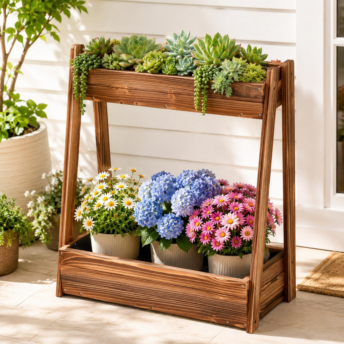 36" 2 Tier Freestanding Elevated Wooden Raised Garden Bed (36" H Garden Bed-carbonized Wood Color)