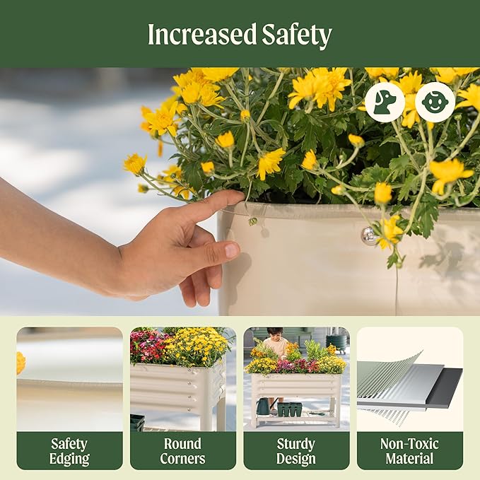 Elevated Raised Garden Bed for Kids, 16"(W) x 36" (L) x 22"(H) Outdoor Planters Box with Legs & Storage Rack, Solid & Safe Raised Beds for Gardening Herbs Vegetables Flowers, Olive Green