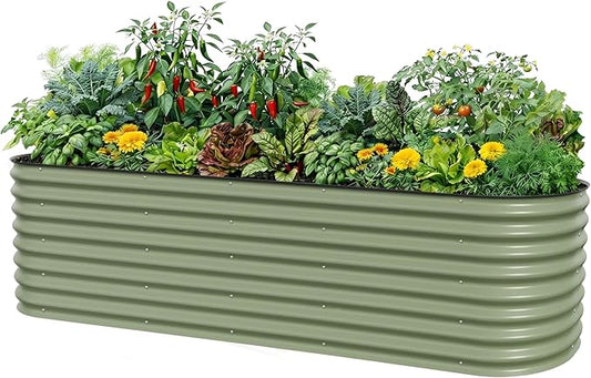 Vego garden 26" Extra Tall Raised Garden Bed Kits, 10 in 1 Modular Raised Planter Box for Vegetables Flowers Fruits Oval Metal Raised Garden-Olive Green