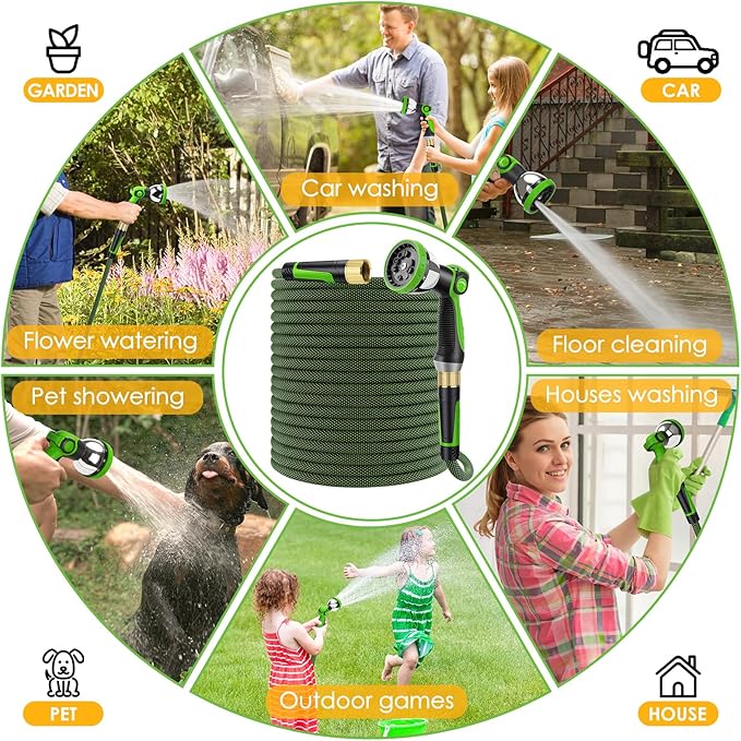 Non-Expandable Garden Hose 25 FT, Lightweight Hose with 10 Function Spray Nozzle, Kink-Free Flexible Water Hose, Durable, Leak-Proof, 360° Swivel Connectors, Portable Storage Strap