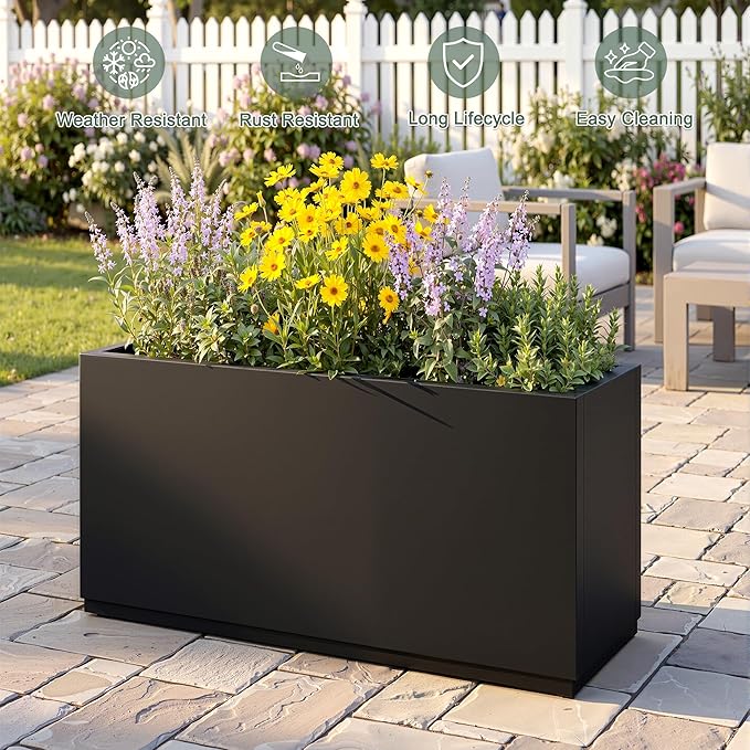 32" L x 10" W x 16" H Metal Rectangular Planters, Long Outdoor Planter Box, Black Rectangle Planter for Front Porch, Garden, with Drainage Holes, All Weather Use (No Insert Shelf)