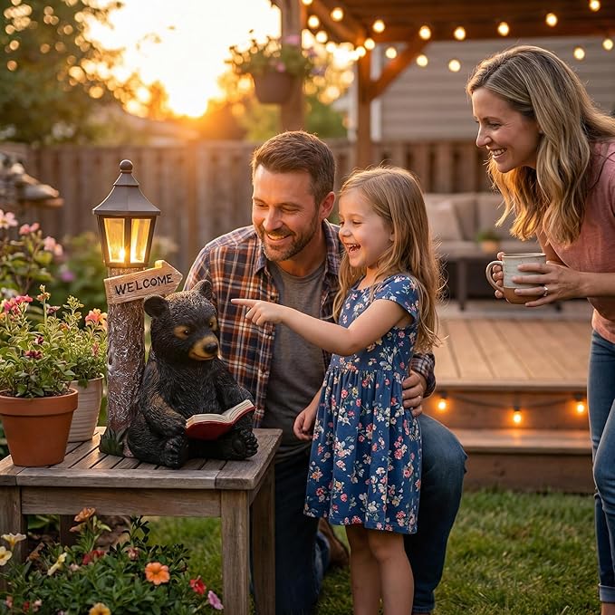 Lyeasw Garden Statues Bears, Solar Reading Bear Statue with Welcome Sign Decor, Bear Figurine Lights for Outside, Patio, Lawn, Garden Decor Birthday Housewarming for Women, Mom