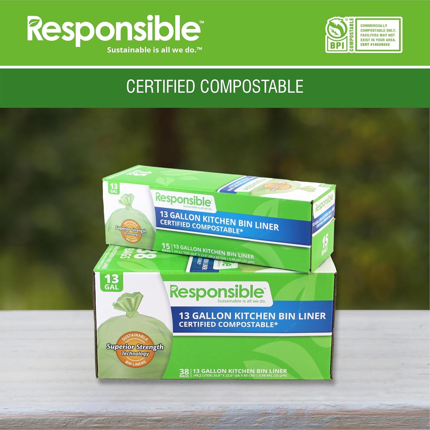 Kitchen Bin Liners, Certified Compostable, Heavy Duty Multipurpose Food Scrap Bags, Made from Compostable Materials (13 Gallon, 13 Gallon (15 Count))