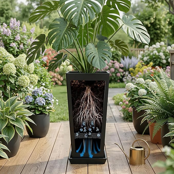 24" Set of 2 Tall Black Planters for Outdoor Plants, Large Flower Pots Planters with Drainage Holes & Tray, Modern Indoor Tapered Planter for Front Porch
