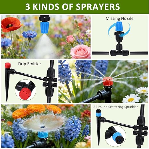 300FT Drip Irrigation System Kit, Automatic Garden Watering Misting System with 70FT1/2 inch Hose 230FT 1/4 inch Distribution Tubing and Accessories for Garden Lawn Greenhouse Plant Flower Bed