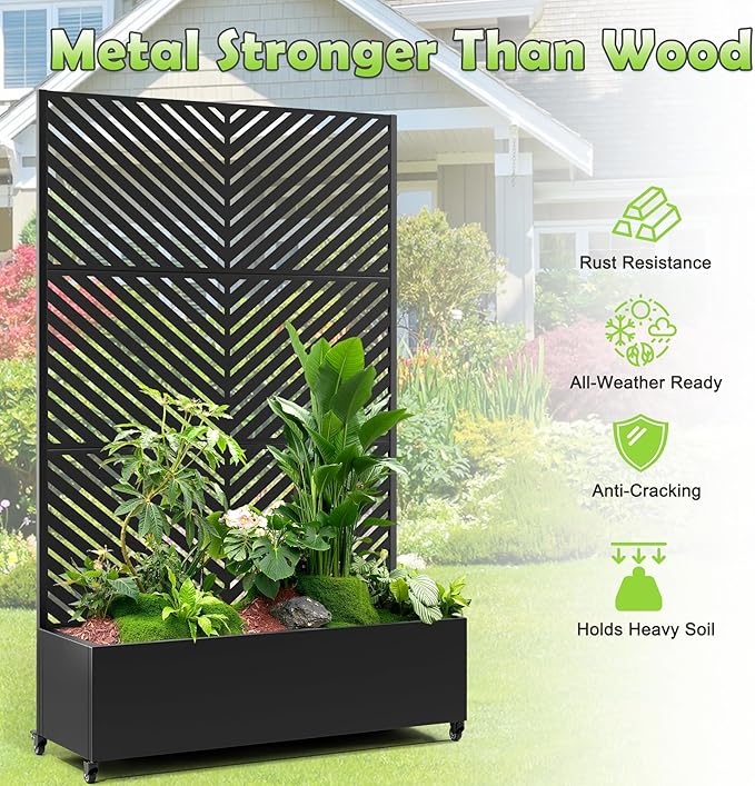 15.7"×70.9"×47.2" Metal Raised Garden Bed with Trellis and Wheels - Tall Trellis Planter Box for Climbing Plants, Vegetables & Vines - Outdoor Privacy Planters for Patio (Black-Parallel)