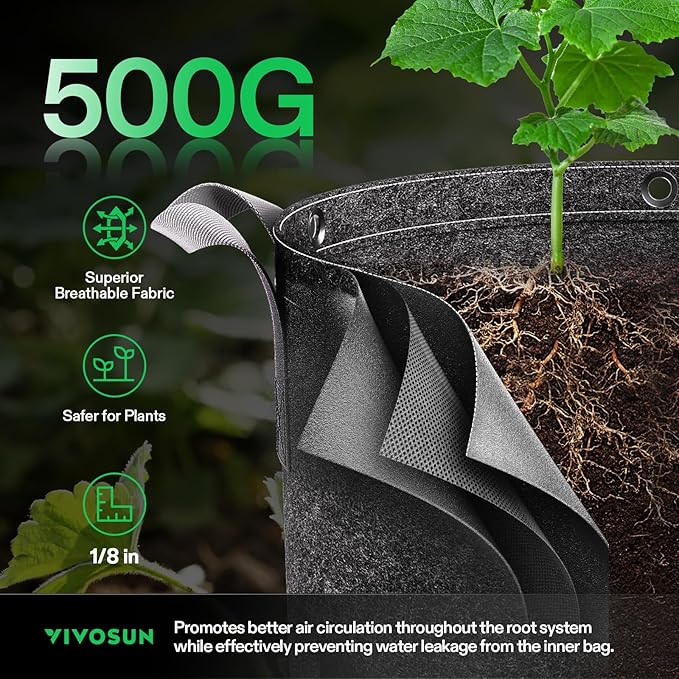 VIVOSUN 10-Pack 7 Gallon Grow Bags, 500G Thick Nonwoven Fabric Pots with Strap Handles, Multi-Purpose Rings, for Low Stress Plant Training Fruits, Vegetables, and Flowers
