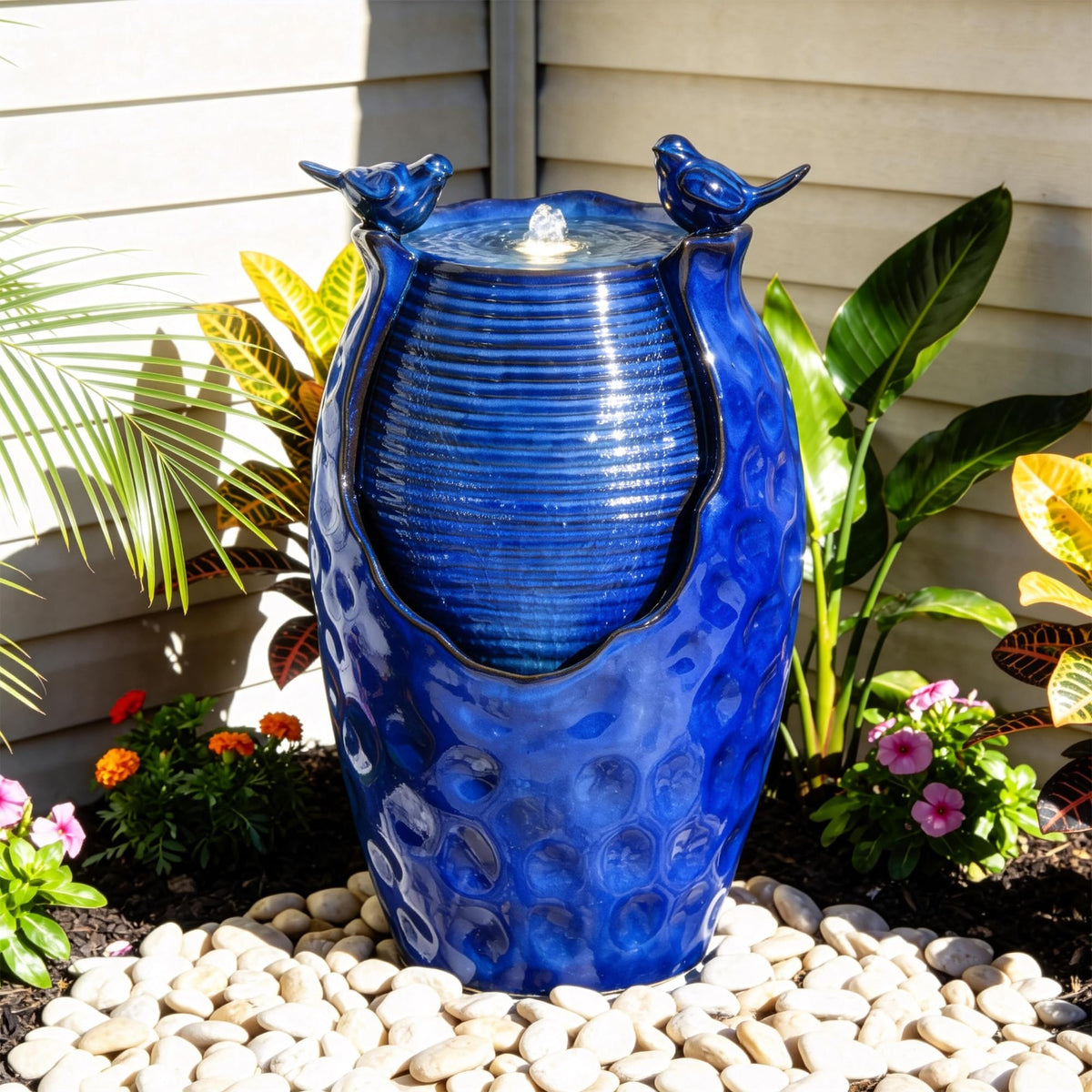 23.5" H Ceramic Jar Outdoor Fountain (Blue Glazepot Cobalt 23.5"h-honeycomb)