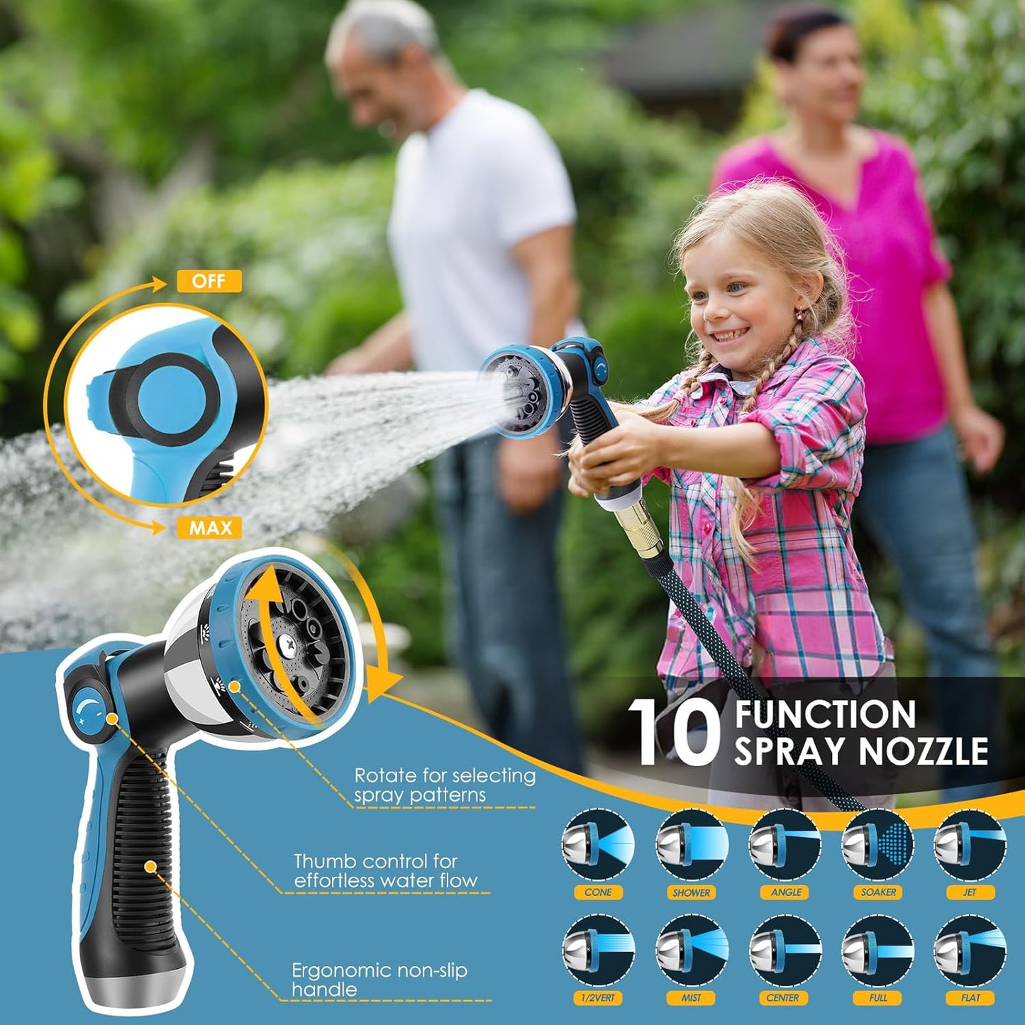 Non-Expanding Garden Hose 25 ft, Flexible Water Hose with 10 Function Spray Nozzle, Lightweight Hose Pipe, Leak-Proof, Durable, Kink-Resistant, 3/4 Inch Connector, Portable Storage Strap