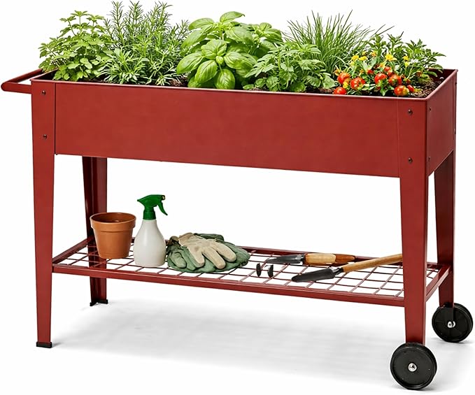 InSideOut Elevated 40" Raised Garden Bed Outdoor with Wheels & Shelf for Mobility, Metal Planter Box for Vegetables/Herbs, Patio-Balcony-Backyard (Red)