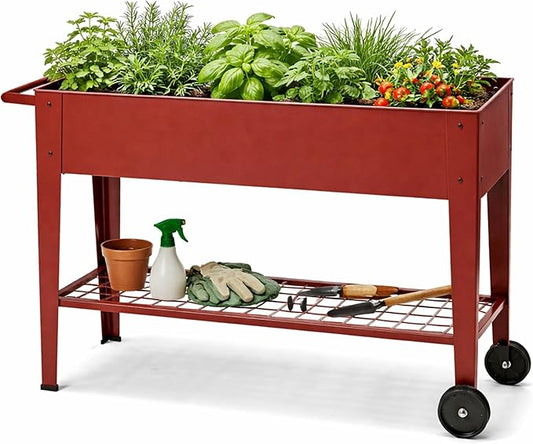 InSideOut Elevated 40" Raised Garden Bed Outdoor with Wheels & Shelf for Mobility, Metal Planter Box for Vegetables/Herbs, Patio-Balcony-Backyard (Red)