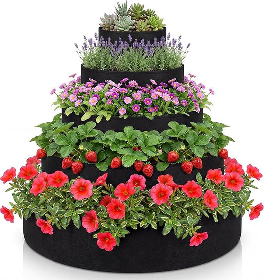5 Tiered Strawberry Planter for Outdoor Plants, 39 Inch Heavy Duty Strawberry Tower Planter Grow Bags, Breathable Non Woven Fabric Raised Garden Bed for Vegetables Flower Herbs Gardening