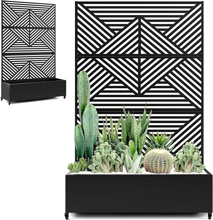 Standing Metal Planter Box with Trellis and Wheels for Climbing Plants, Raised Garden Beds with Drainage Holes, 47" L×16" W×71" H Privacy Boxes with Trellis (Black Zodiac)