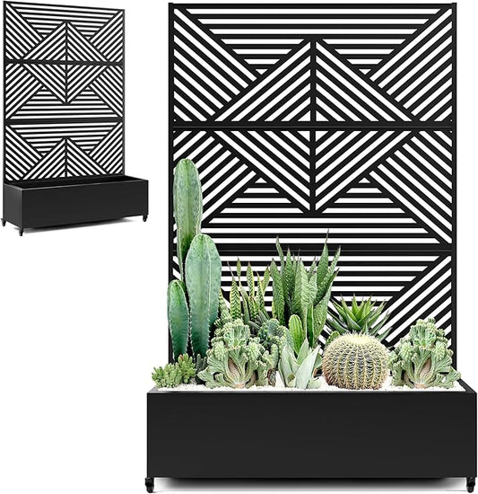 Standing Metal Planter Box with Trellis and Wheels for Climbing Plants, Raised Garden Beds with Drainage Holes, 47" L×16" W×71" H Privacy Boxes with Trellis (Black Zodiac)