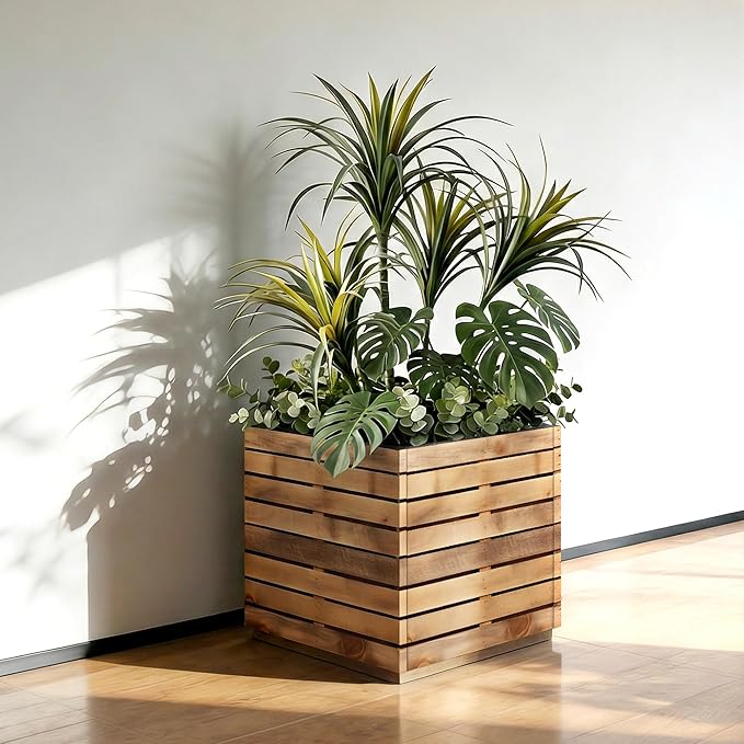 Metal Planter Box for Outdoor Plants, Black Rectangular Planters for Porch with Drainage Holes, All-Weather Use, Rust-Resistance (17" L x 17" W x 18" H, Walnut Wood Grain)