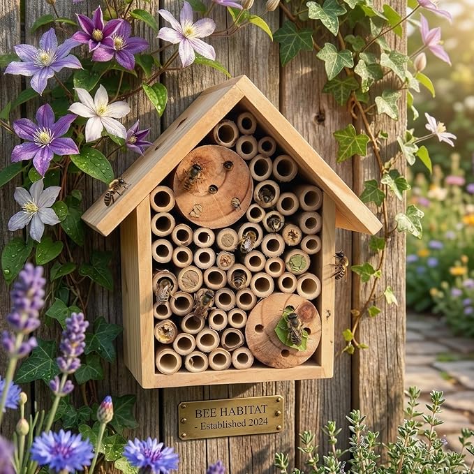 Mason Bee Houses Outdoor Wooden Bee Hotel for Garden and Yard Hand-Made Bamboo Bee Hive for Bees Butterflies and Ladybugs, Medium Size 8"x7.5"x5", Natural Finish