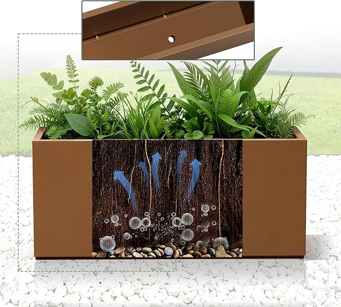 Metal Outdoor Planter Box, Rectangular Large Planters for Outdoor Plants with Drainage Holes for Patio, All-Weather Use, Rust-Resistance (38" L x 15" W x 16" H, Brown)