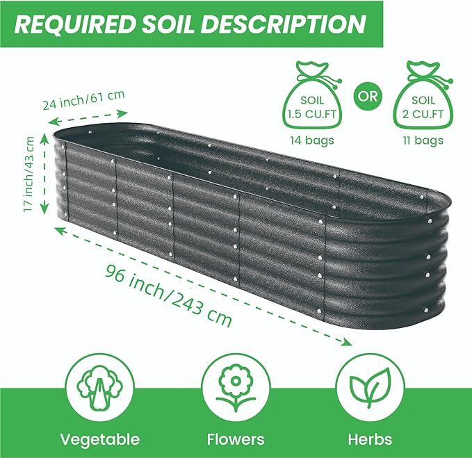 Modular Raised Garden Bed Kit 8×2×1.4FT, Magnesium-Aluminum-Zinc Steel, Rust-Proof & Tool-Free Assembly for Vegetables Herbs Flowers, Patio Backyard Urban Gardening(Cracked Silver)