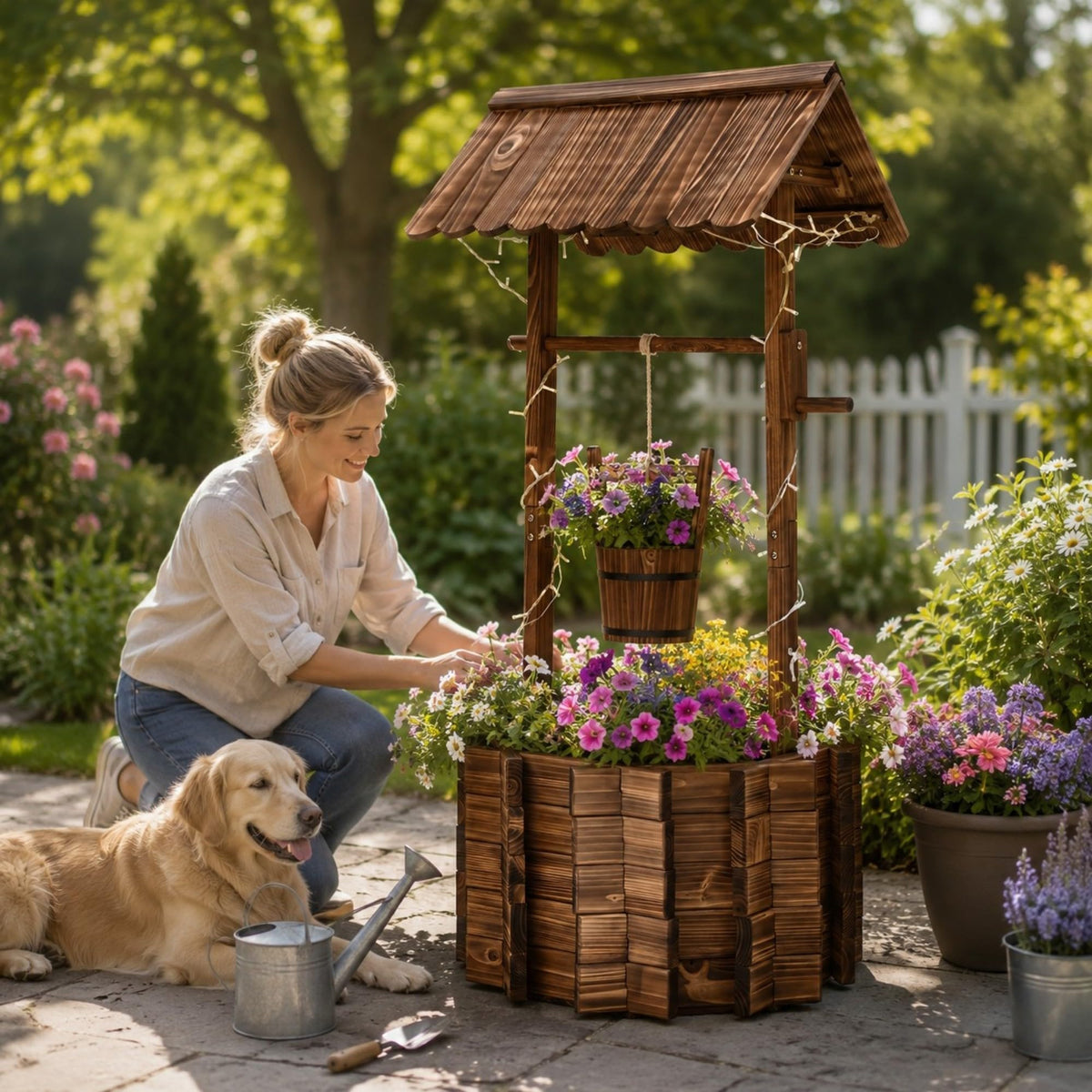 54" Outdoor Wooden Wishing Well Planter with Colorful LED Lights (54" H-wishing Well Planter)