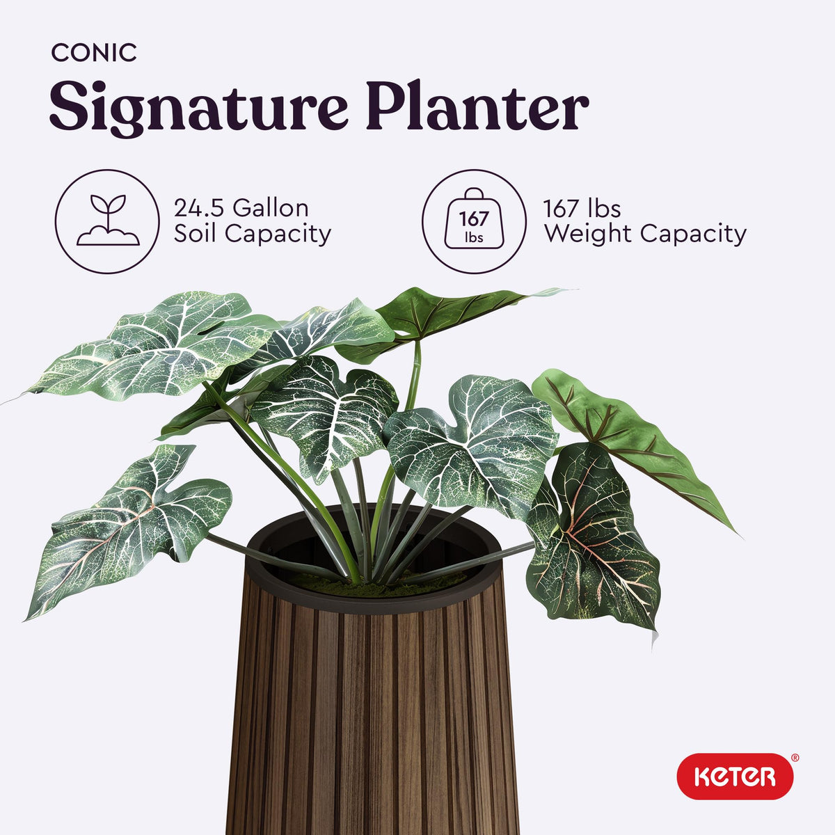Signature Conic 23.8 Inch Tall Round Large Wood Look Planter for Indoor or Outdoor Flower Pot Ideal for Patio Deck and Front Porch Decor