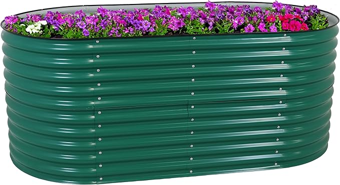 Sunnydaze 79-Inch Oval Raised Garden Bed - Stackable Steel Vegetable Flower Bed Planter Kit with Rubber Edge Trim - Green