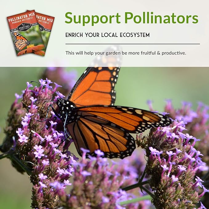 Pollinator Seed Mixture to Attract Monarch Butterflies, Bees & Pollinators - 2 Packets - Milkweed, Garden Flower, & Wildflower Mix for Planting - Support Conservation Efforts - Survival Garden Seeds