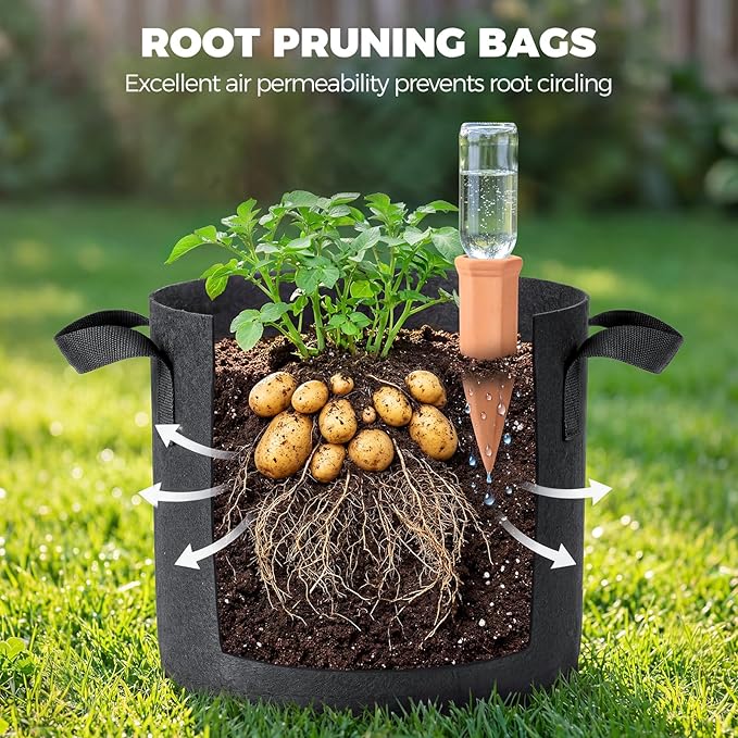 5-Pack 5 Gallon Grow Bags for Potato Tomatoes Vegetables, 5 Pack Terracotta Plant Self-Watering Stakes Spike for Outdoor Indoor Plants, 300g Heavy Duty Thickened Nonwoven Fabric Cloth Pot Planting Bag