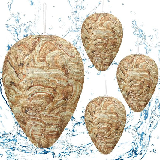 DECYOOL 4 Pack Wasp Nest Decoy Hanging Wasp for Wasps Hornets Yellow Jackets Outdoor Water-Repellent Material (Brown)