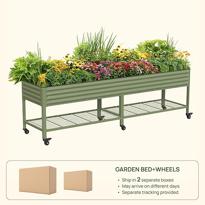Rolling Elevated Raised Garden Bed - Jumbo Series, 2.5' x 10' Outdoor Planters Boxes with Legs & Storage Rack for Patio, 2000+ Lbs Weight Capacity, Raised Beds for Gardening Herbs Flowers, Pearl White