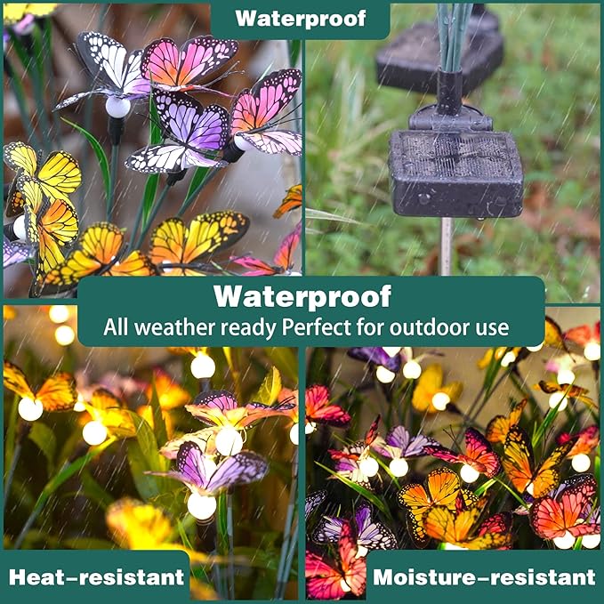 TONULAX Solar Garden Lights - 2 Pack Swaying Butterfly Light, Swaying in The Wind, Solar Outdoor Lights, Yard Patio Pathway Decoration, High Flexibility Iron Wire & Realistic Butterflies (2 Pack)