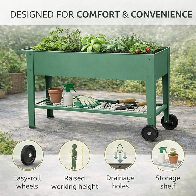 InSideOut Elevated 40" Raised Garden Bed Outdoor with Wheels & Shelf for Mobility, Metal Planter Box for Vegetables/Herbs, Patio-Balcony-Backyard (Sage Green)