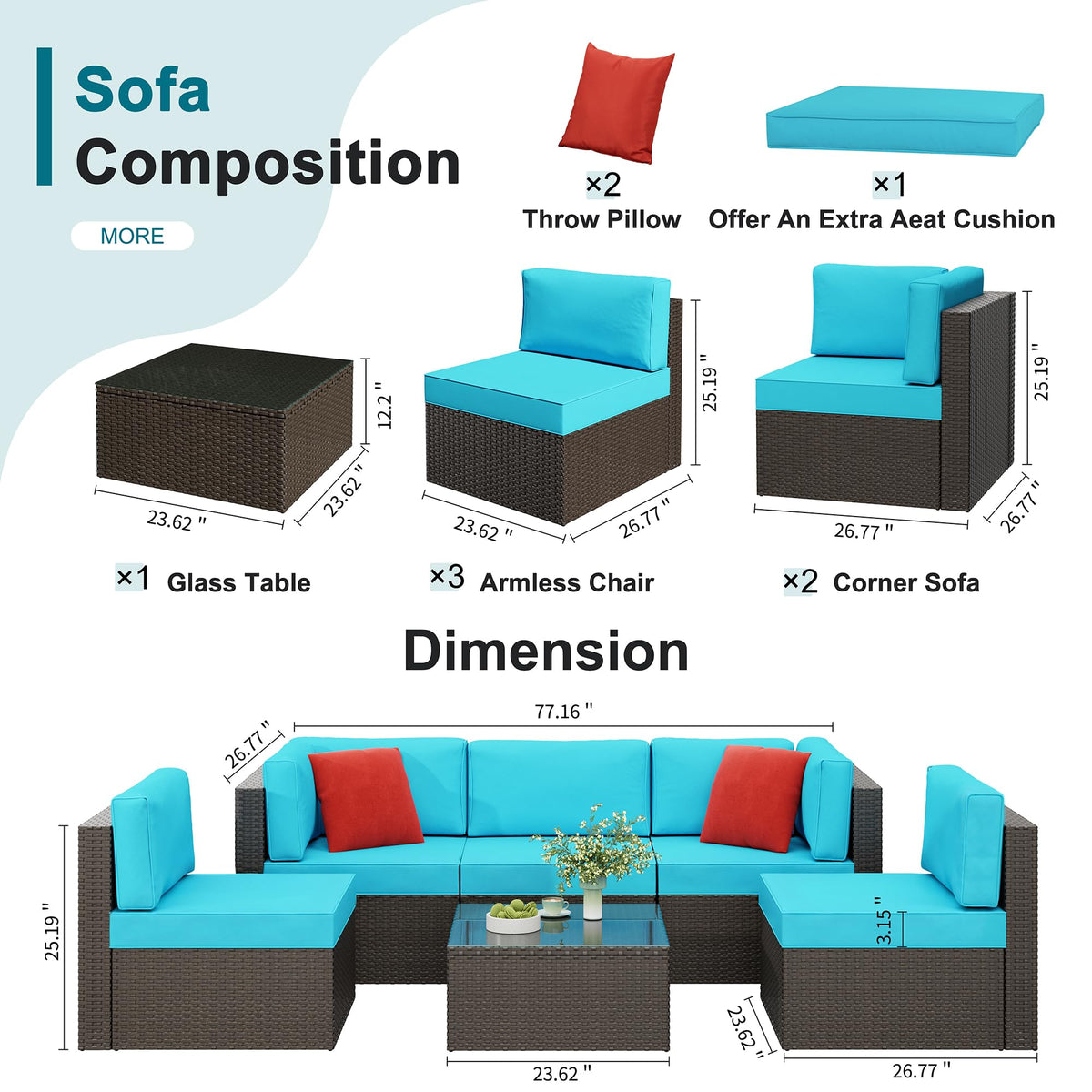 6 Pieces Patio Furniture Set Outdoor Couch Wicker Sectional Sofa (Blue / 6 pcs)