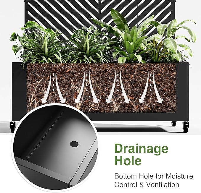 Casaphoria Metal Raised Garden Bed with Trellis and Wheels, 72"x35"x16" Planter Box for Climbing Plants, Vegetables & Vines, Features Drainage Holes and Privacy Screen, Black-Parallel