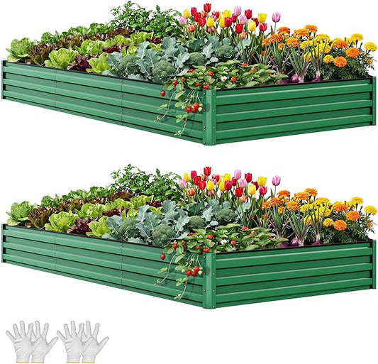 YITAHOME 8x4x1ft 2pcs Large Raised Garden Bed Kit, Galvanized Metal Planter Box with Gloves, Ground Nails & Safety Rubber, Outdoor Above Ground Planters for Plants Vegetables Flowers, Green