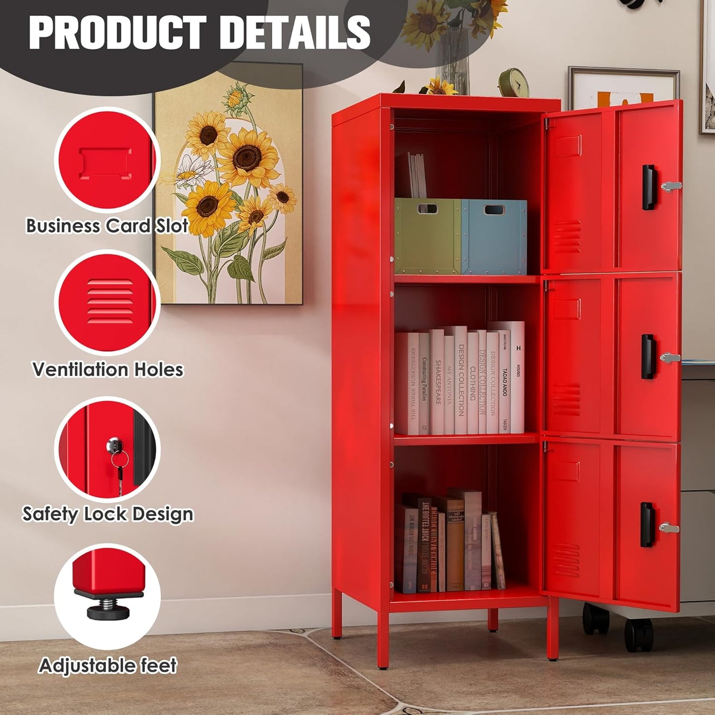47.3" H x 15.8" D x 15.8" W Metal Storage Locker for Employees,3 Doors Employee Lockers with Adjustable Feet,Steel Home Office Storage Cabinet for School Gym Home Office, Assembly Required,Red