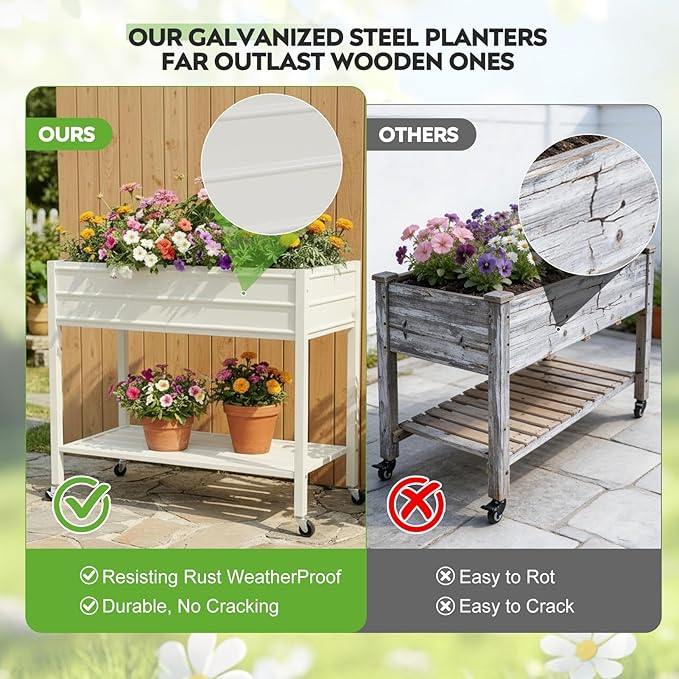 ZORMY 32" Tall Galvanized Raised Garden Bed with Legs Wheels & Shelf, Elevated Planter Box Outdoor for Vegetables, Herbs & Flowers, Patio & Backyard, Garden Bed with 400lb Capacity，White
